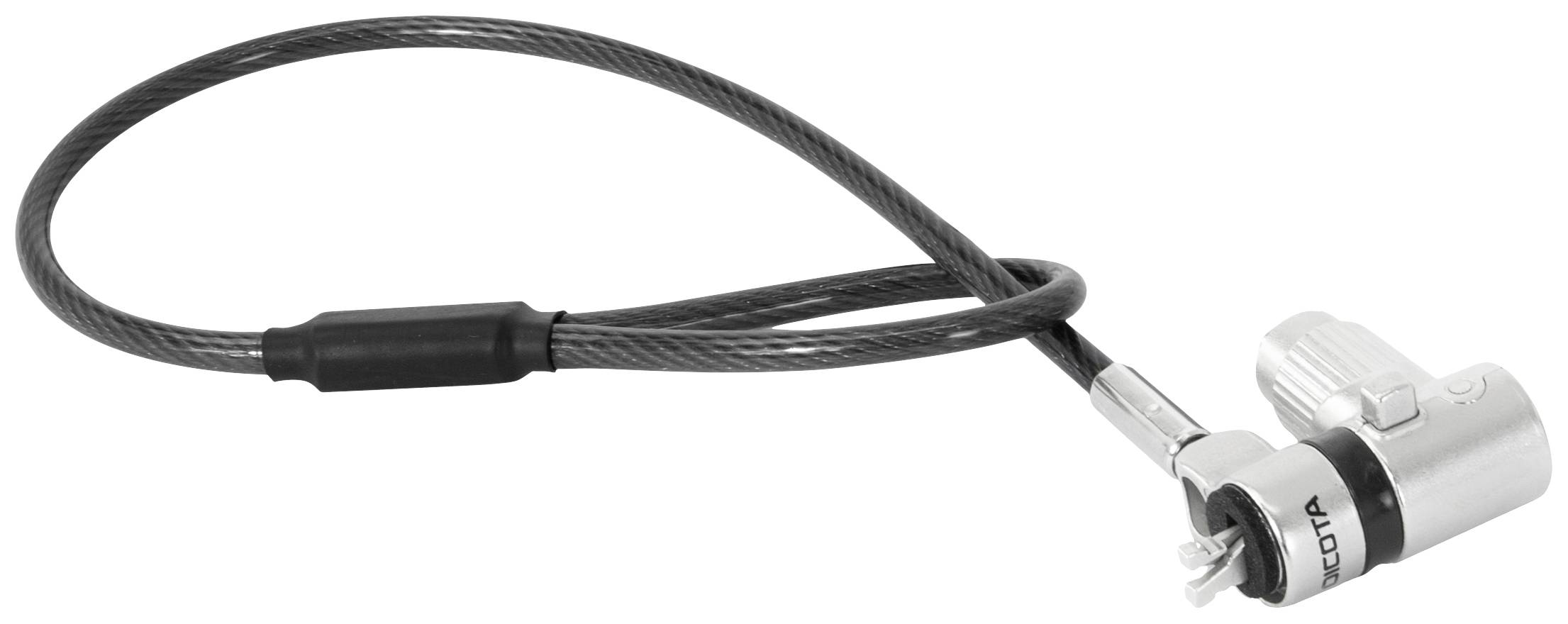 Un lucchetto a cavo in argento e nero con un meccanismo a chiave, utilizzato per assicurare dispositivi elettronici o biciclette.