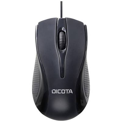 Mouse nera con cavo e design ergonomico con la scritta 'DICOTA' sulla parte superiore.