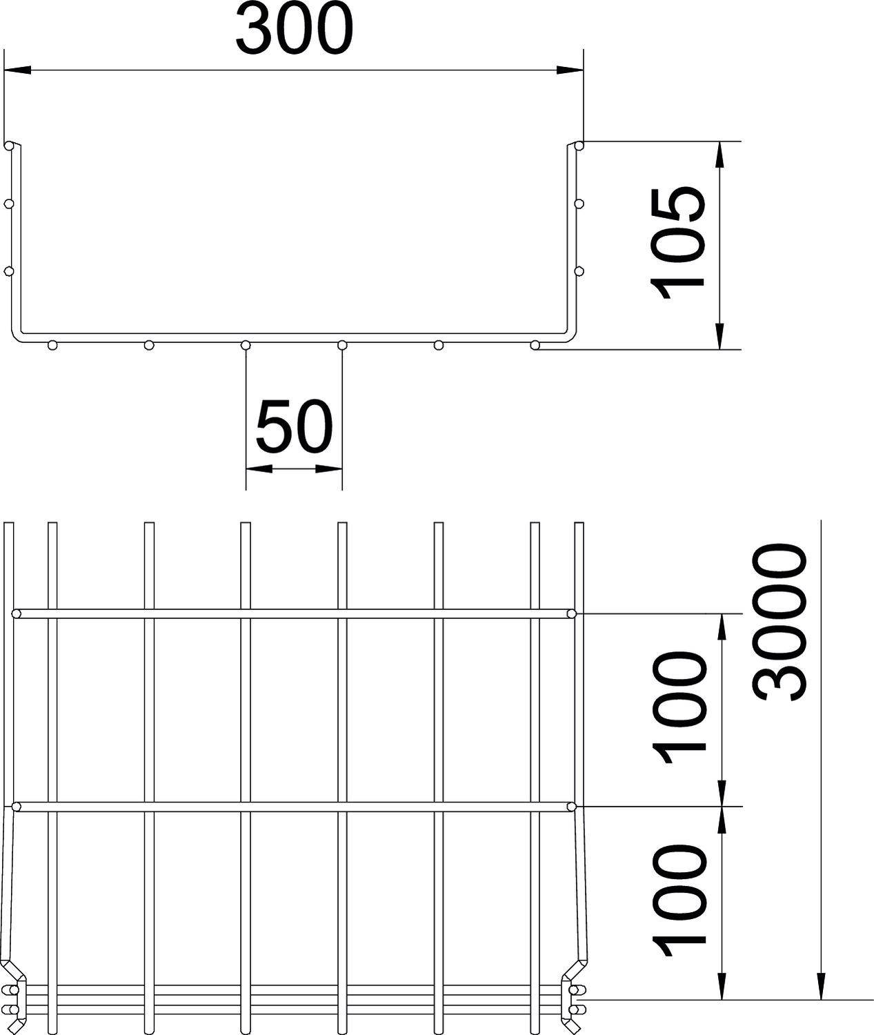 Disegno tecnico di una recinzione metallica, mostra sezione trasversale e vista frontale. Misure: larghezze 300 mm, 50 mm; altezza 3000 mm.