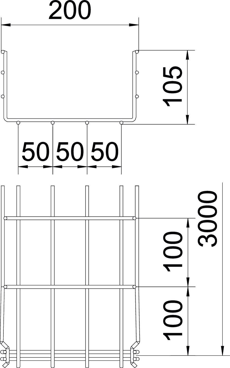 Disegno tecnico: Sezione trasversale di una griglia metallica con dimensioni 200x105 mm per la parte superiore, barre verticali della griglia distanziate di 50 mm, altezza complessiva 3000 mm.