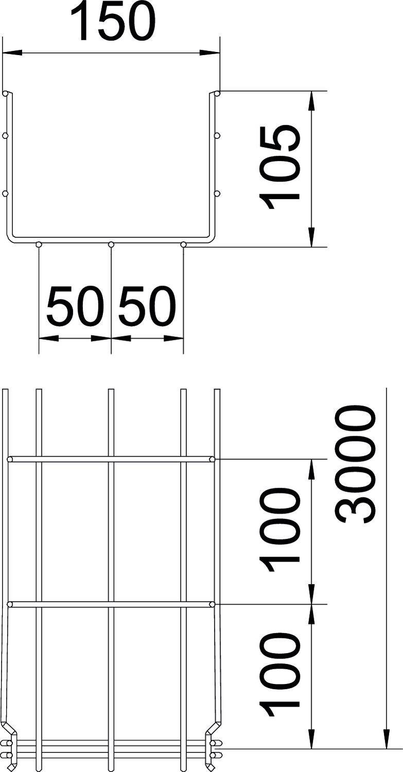 'Disegno tecnico di una struttura metallica con dimensioni: larghezza 150 mm, altezza 105 mm in alto, con barre verticali di lunghezza 3000 mm.'