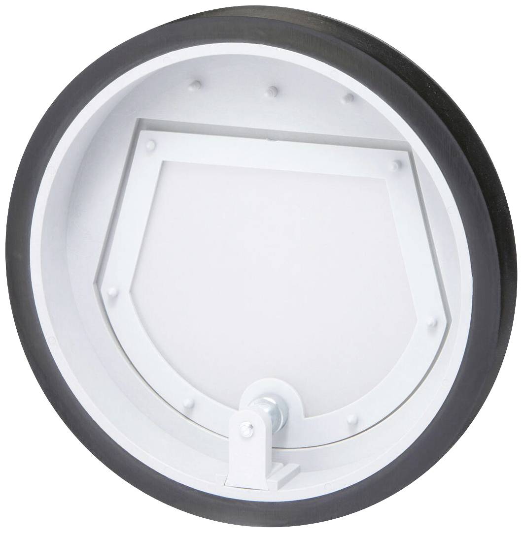 Un oggetto bianco, rotondo con un bordo nero che potrebbe fungere da sportello di ventilazione o copertura.