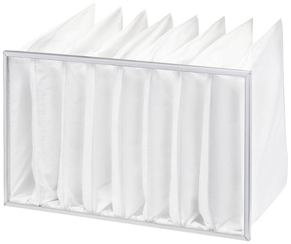 Un filtro bianco rettangolare con più pieghe verticali in una cornice metallica, probabilmente per sistemi di purificazione dell'aria.