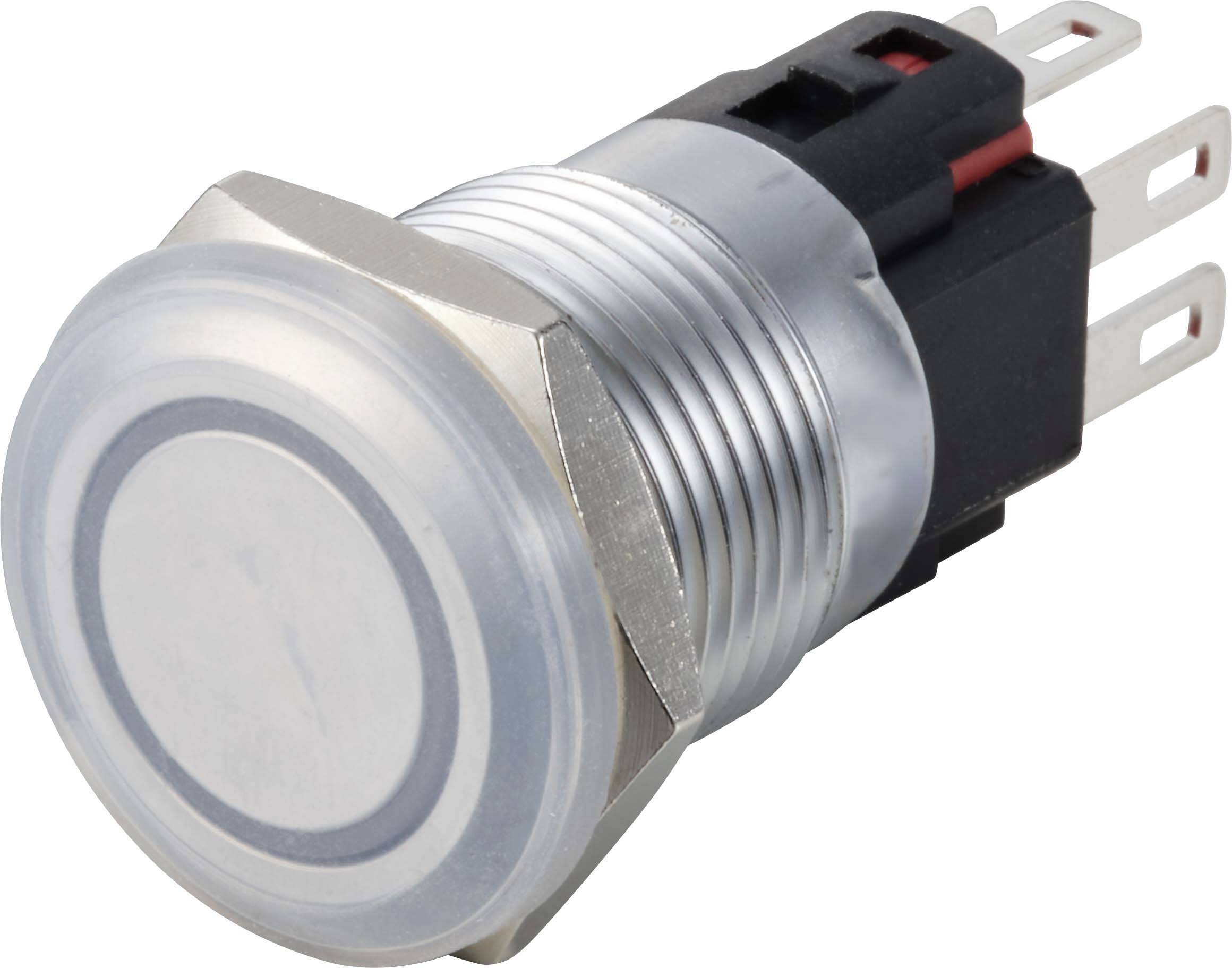 Un pulsante rotondo argentato con filettatura metallica e tre connessioni elettriche, idoneo per circuiti elettrici.
