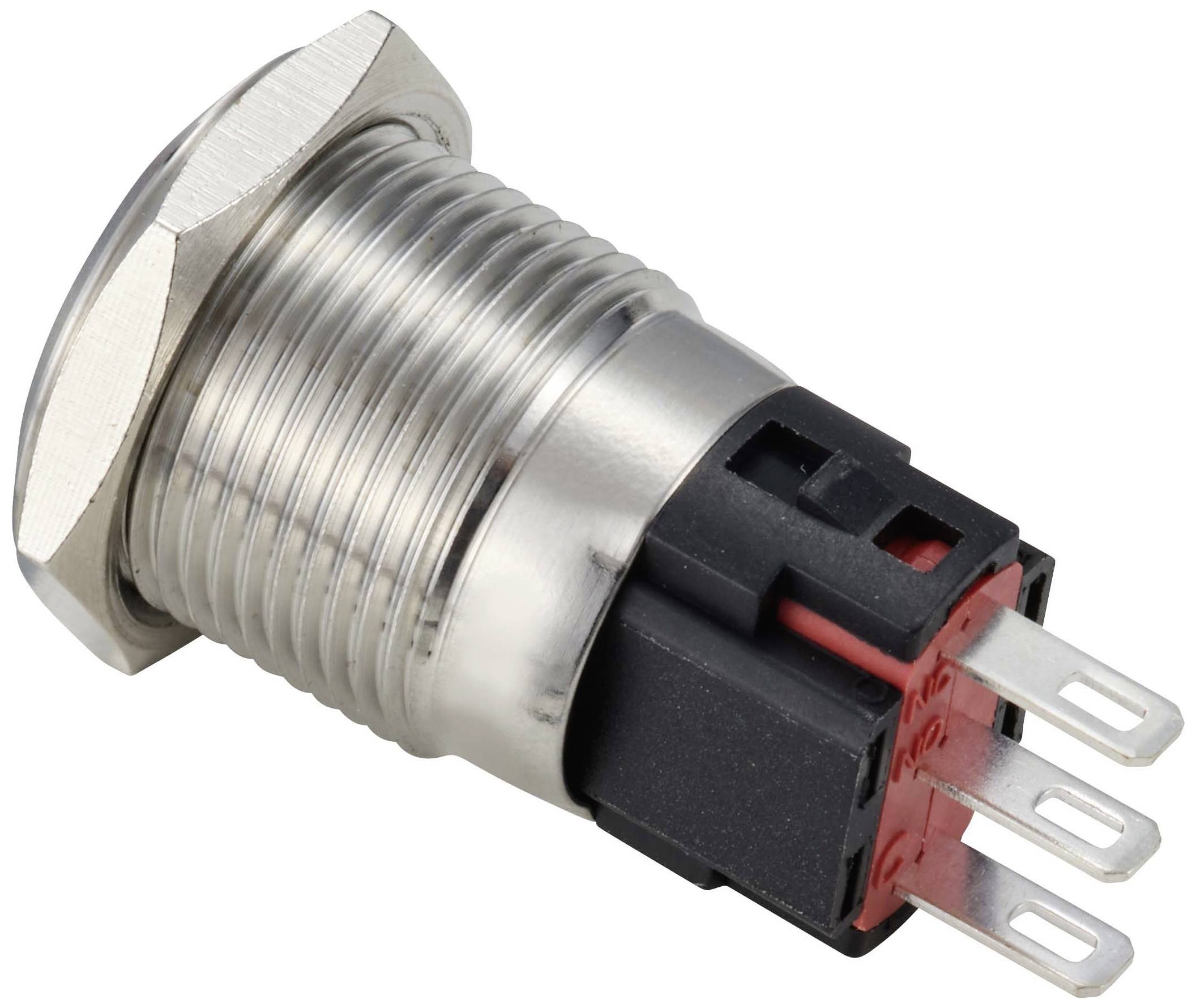 Interruttore metallico con base in plastica rossa e tre connessioni, idoneo per applicazioni elettroniche.