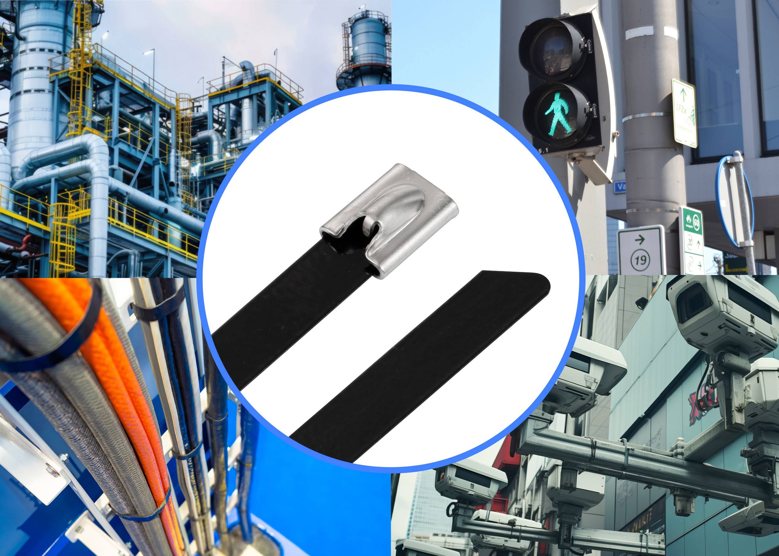 Immagini industriali: Fabbrica, semaforo, cavi, telecamere di sicurezza. Focus su nastro metallico con clip al centro. Simboleggia infrastruttura e tecnologia.