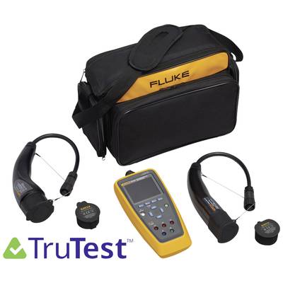 Una borsa nera e gialla con la scritta 'Fluke' e un dispositivo di misurazione e accessori per sensori di TruTest per misurazioni tecniche.