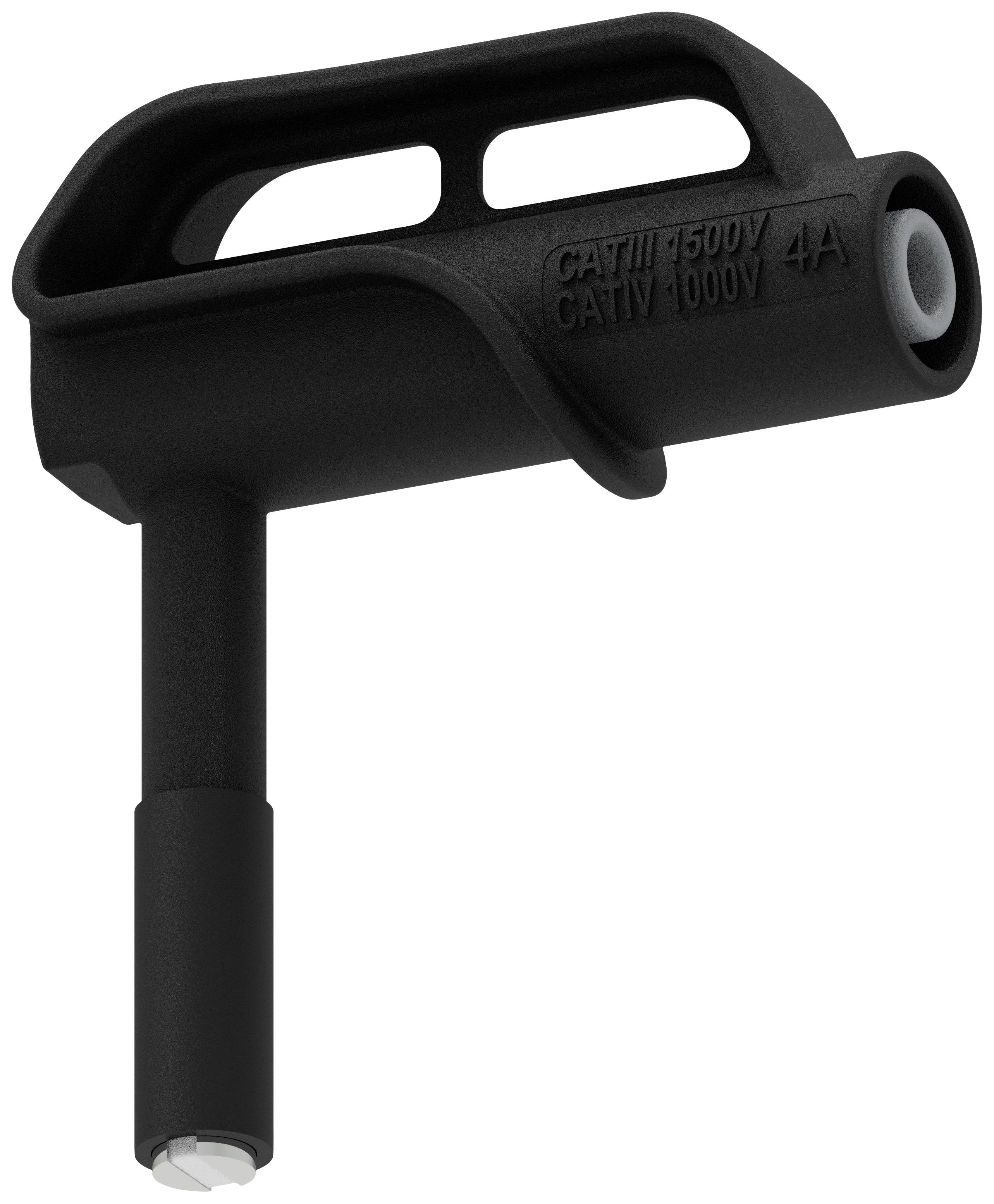 Un tester di tensione elettrico nero con la scritta 'CATIII 600V CATIV 1000V 4A', utilizzato per misurare la tensione elettrica.
