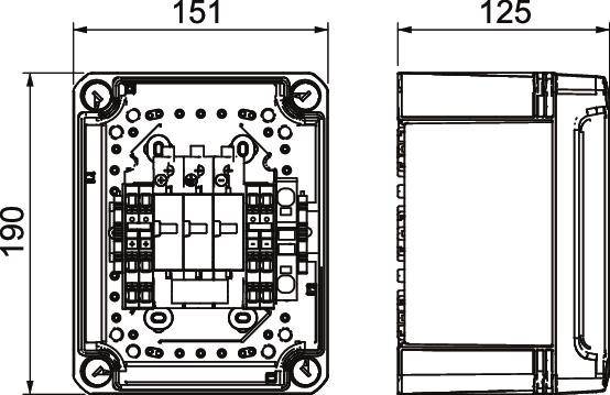 Disegno tecnico di un componente elettrico con vista frontale e laterale. Dimensioni: 151 mm di larghezza, 125 mm di profondità, 190 mm di altezza.