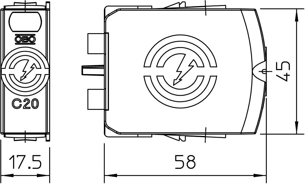 Componente elettrotecnica con simbolo di elettricità sulla superficie; dimensioni: 17,5 x 45 x 58 mm; Modello C20.
