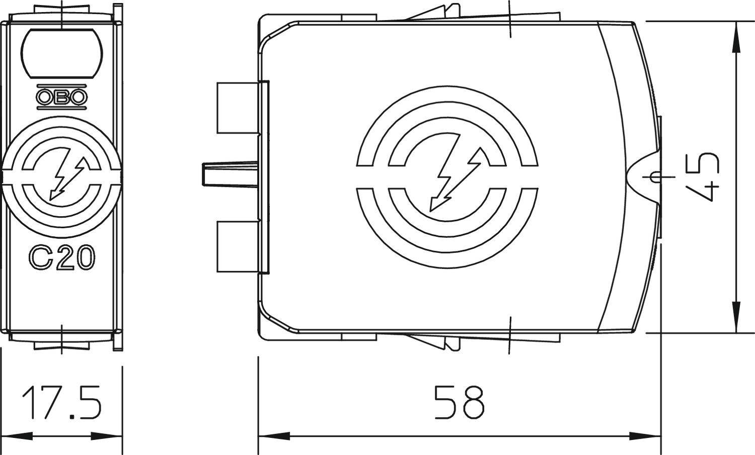 Disegno tecnico di un dispositivo elettrico con dimensioni 17,5 x 45 x 58 mm, contrassegnato con il testo 'C20'.