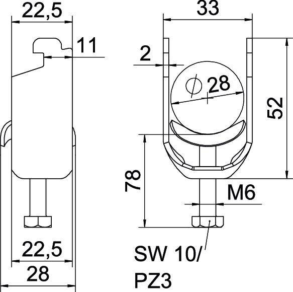 Disegno tecnico di una cerniera con dimensioni: altezza 78 mm, larghezza 33 mm, diametro sfera 28 mm, filettatura M6.