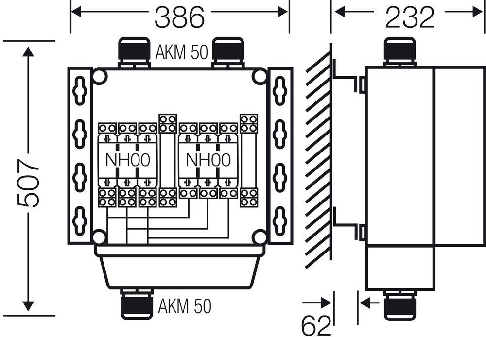 Disegno tecnico di un quadro elettrico con le seguenti dimensioni: larghezza 386 mm, altezza 507 mm, profondità 232 mm. Mostra i punti di connessione e i fusibili.