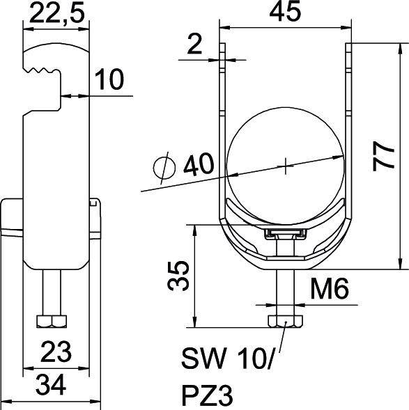 Disegno tecnico di un componente con quote in millimetri: altezza 77, larghezza 45, foro 40, filettatura M6, larghezza chiave SW 10/PZ3.