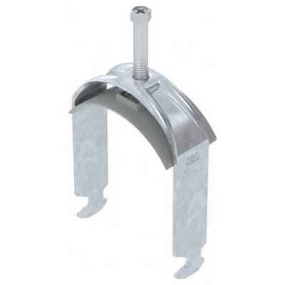 Morsetto metallico con staffa a U e vite, progettato per fissare cavi o tubi, con logo stampato e marcatura delle dimensioni.