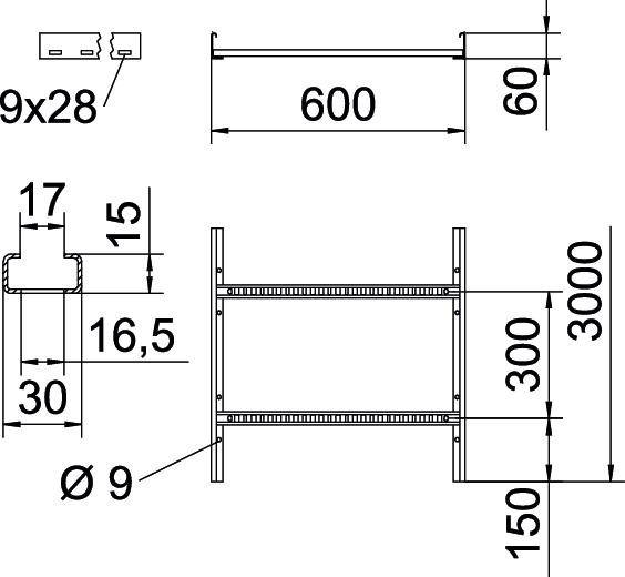 Disegno tecnico di uno scaffale con misure: larghezza 600 mm, profondità 60 mm, altezza 3000 mm. Ripiani distanziati di 300 mm.