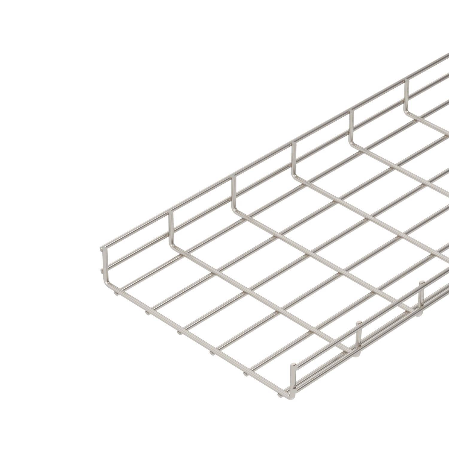 Portacavi in rete metallica, forma rettangolare con bordo rialzato. Utilizzato per la posa sicura e ordinata dei cavi.