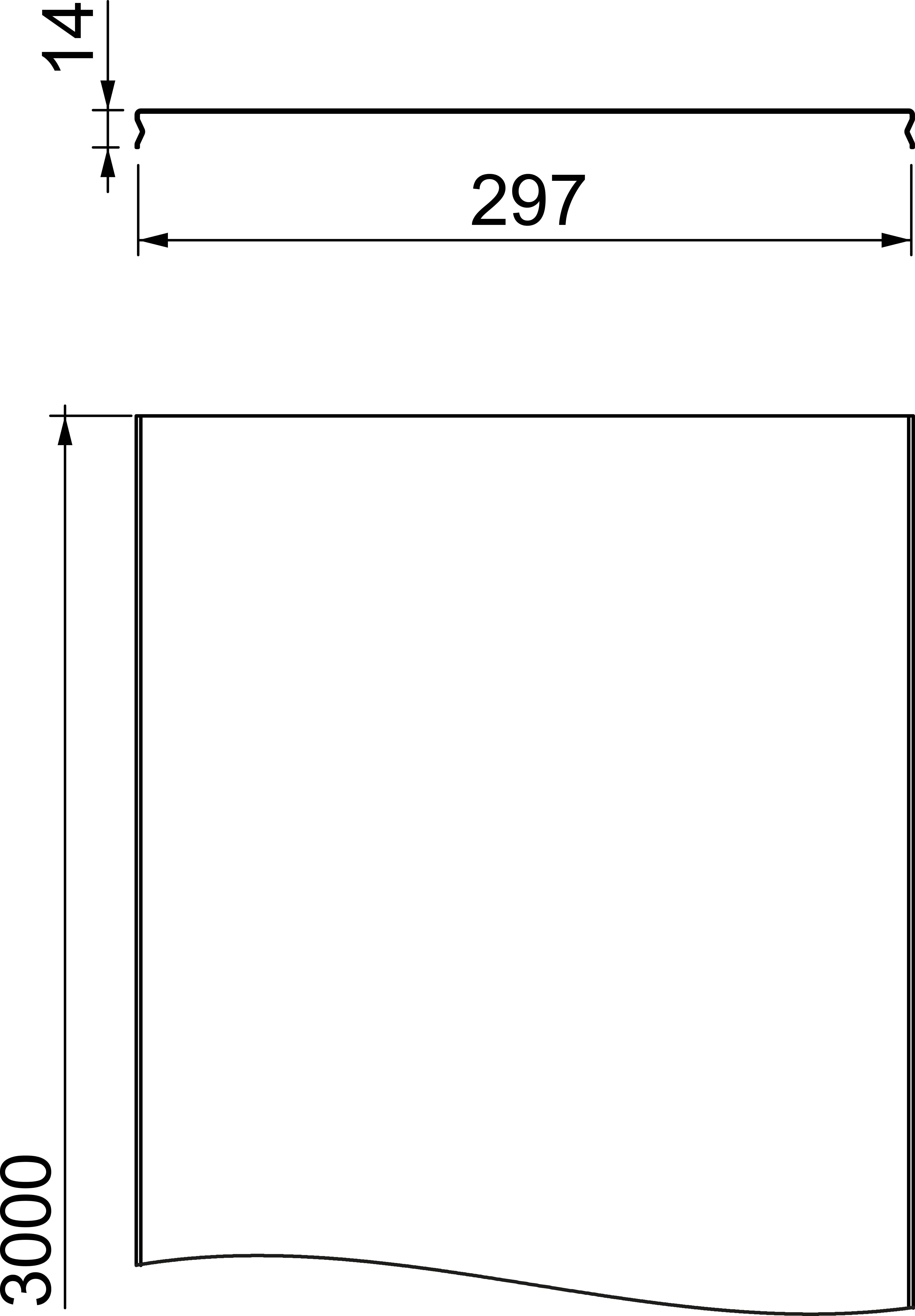 Disegno tecnico di un oggetto rettangolare con dimensioni di 297 mm di larghezza e 3000 mm di altezza, arrotondato in un angolo.