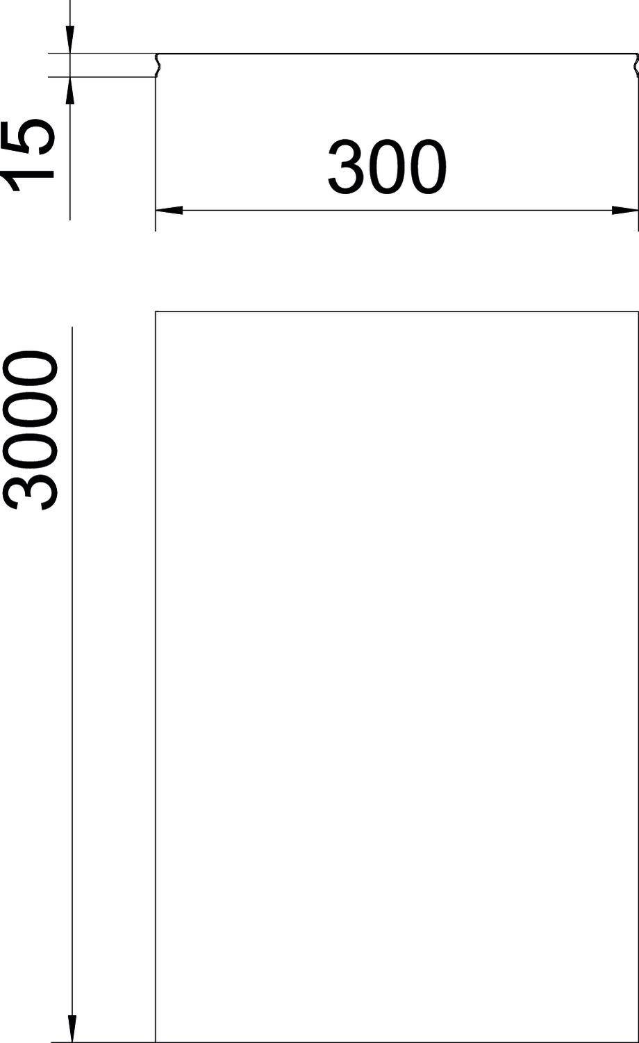 Un disegno tecnico mostra un oggetto rettangolare. La larghezza è di 300 mm, l'altezza è di 3000 mm, e un bordo di 15 mm è contrassegnato a sinistra.