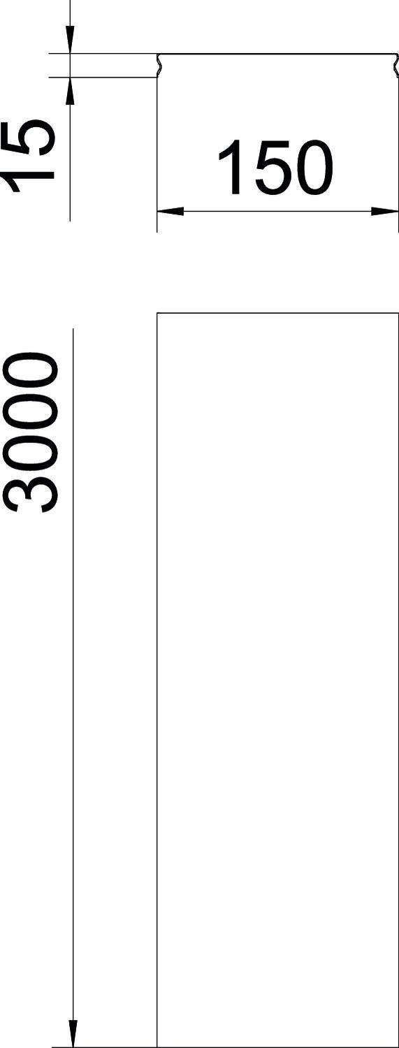 Disegno tecnico di un oggetto rettangolare con dimensioni 150 mm x 3000 mm, posizionato lateralmente.
