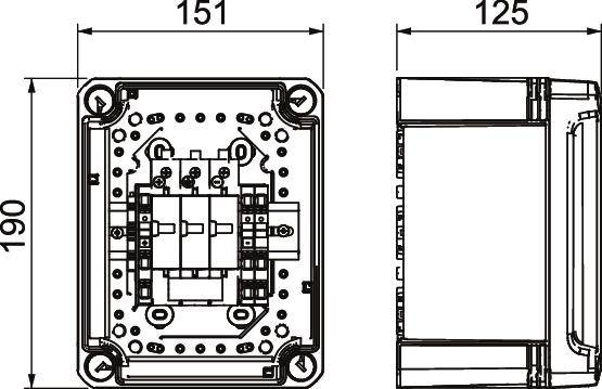 Disegno tecnico di un dispositivo rettangolare con vista frontale e laterale. Dimensioni: 190 mm di altezza, 151 mm e 125 mm di larghezza.