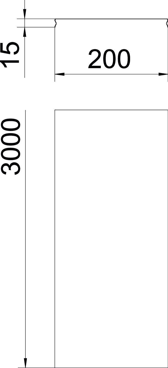 Disegno tecnico di un oggetto rettangolare. Dimensioni: 200 mm di larghezza e 3000 mm di altezza, bordo superiore di 15 mm di spessore.