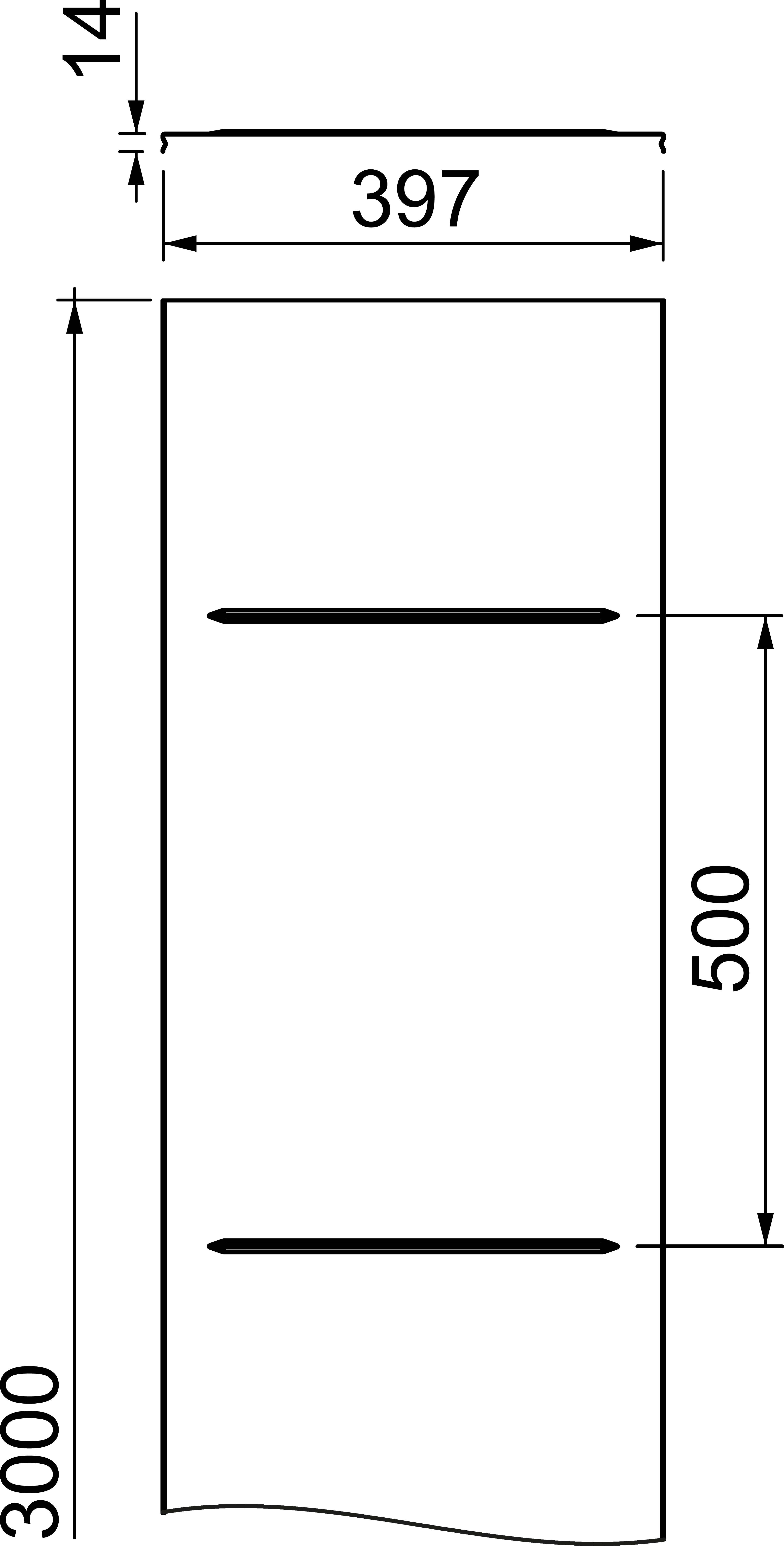 Disegno tecnico di un oggetto rettangolare, alto 3000 mm e largo 397 mm, con due linee orizzontali nell'area interna, ciascuna a 500 mm di distanza.