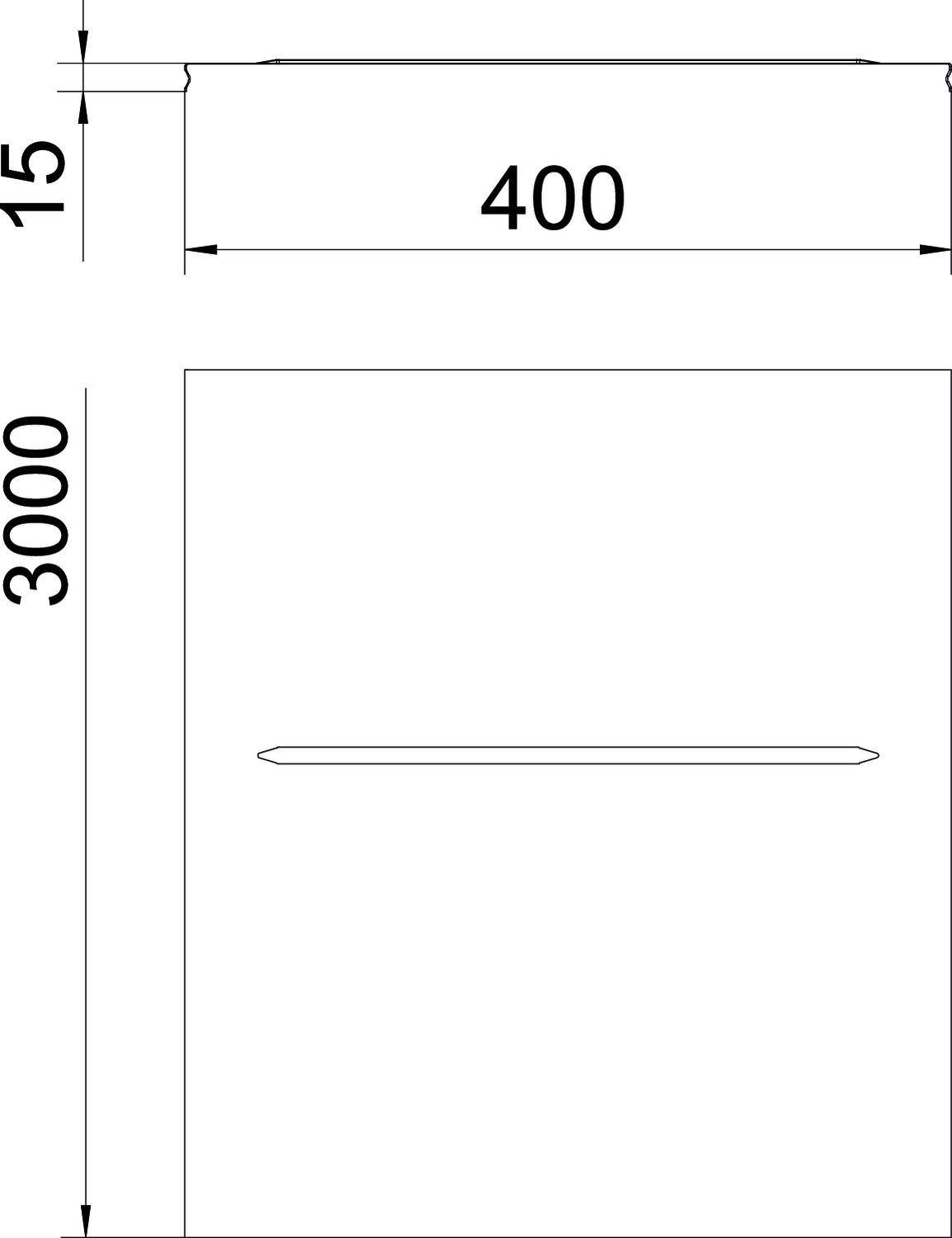 Disegno tecnico di un oggetto rettangolare con dimensioni di 400 mm di larghezza, 3000 mm di altezza e una linea centrale di 15 mm di spessore.