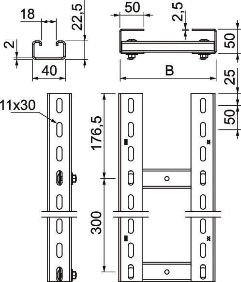 Disegno tecnico di un sistema di supporto: viste laterale, frontale e superiore con dimensioni, fori e distanze.
