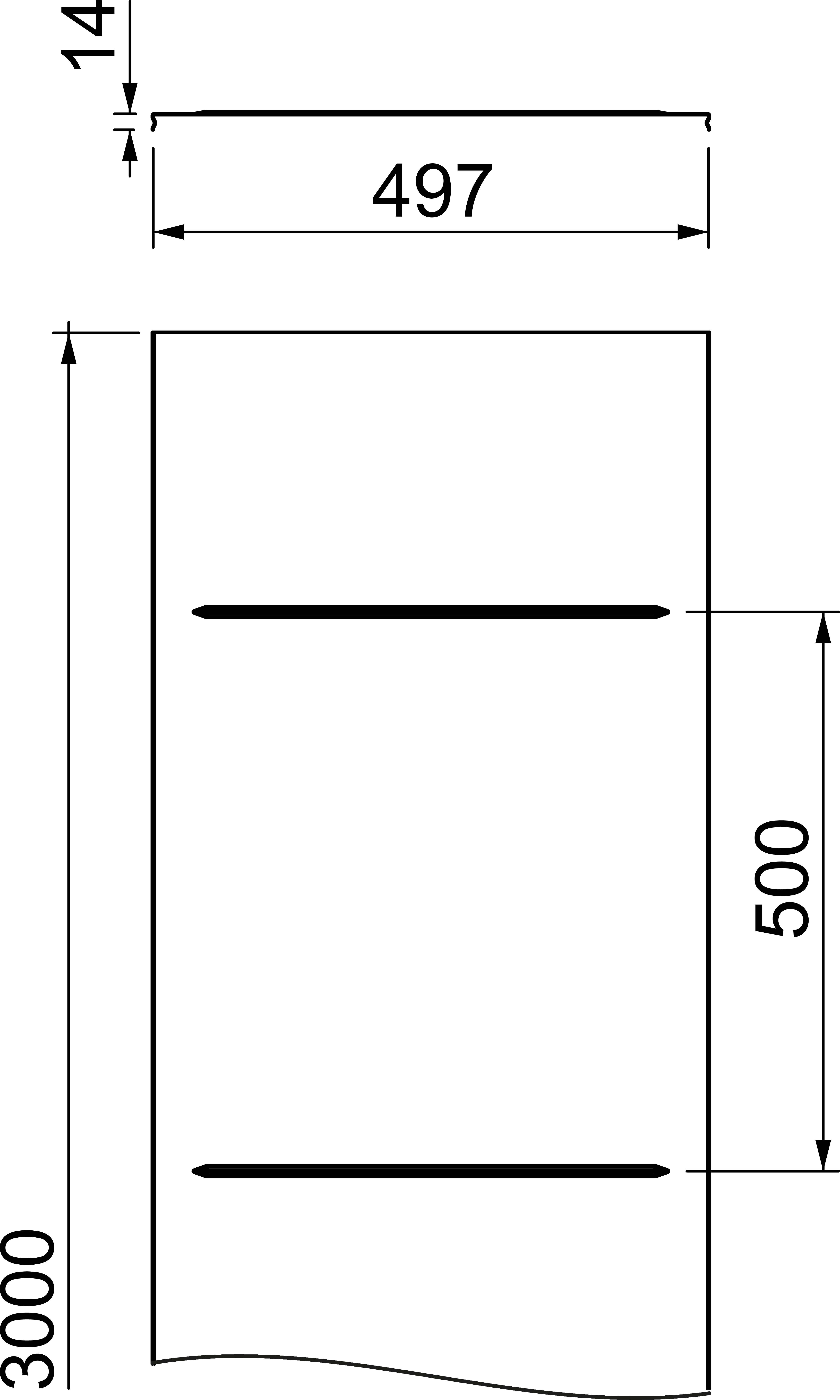Disegno tecnico di un oggetto rettangolare con le seguenti dimensioni: larghezza 497 mm, altezza 3000 mm, due linee orizzontali distanti 500 mm l'una dall'altra.