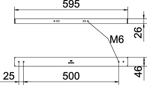 Disegno tecnico di un lungo pezzo metallico. Il pezzo è lungo 595 mm e presenta fori filettati M6. Dimensioni e posizioni sono indicate.
