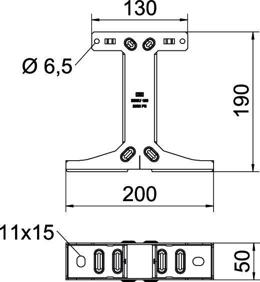 Disegno tecnico di una trave metallica. Dimensioni: larghezza 200 mm, altezza 190 mm, larghezza superiore 130 mm, fori Ø 6,5 mm, 11x15 mm.