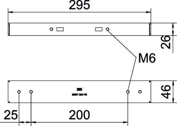 Disegno tecnico di una trave metallica con dimensioni: lunghezza 295 mm, altezza 26 mm. Etichetta foro: M6. Ulteriori misure: altezza 46 mm, distanza tra i fori 25 mm e 200 mm.