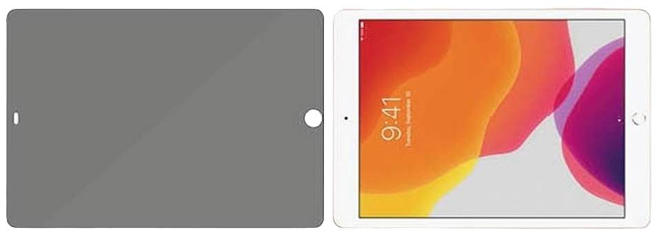 Un tablet con cornice bianca e display luminoso mostra un'ora di 9:41. Accanto a esso è posizionata una custodia protettiva grigia.