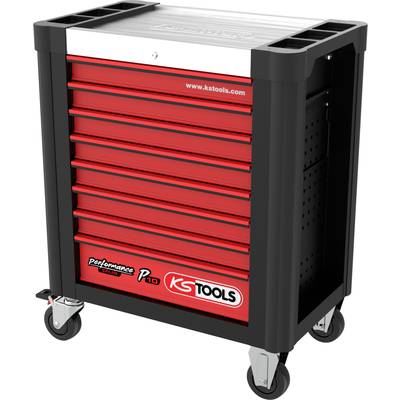 Carrello porta attrezzi rosso su ruote con più cassetti e telaio nero. In alto è presente una piastra metallica. Testo: 'KS Tools'.