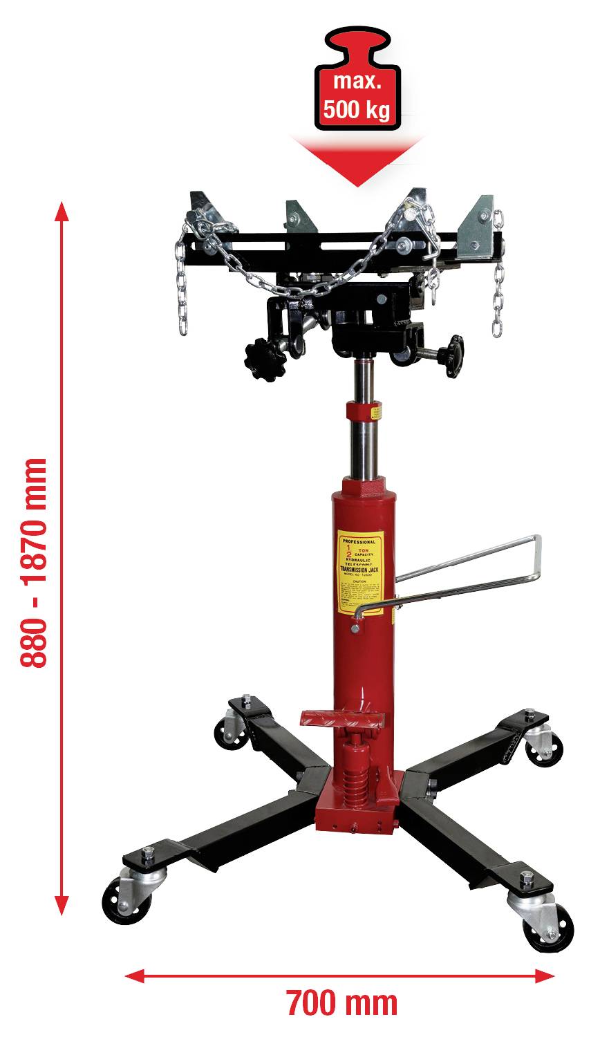 'Sollevatore per trasmissioni con portata fino a 500 kg, regolabile da 880 a 1870 mm, larghezza 700 mm. Dispositivo di sollevamento idraulico rosso su ruote.'