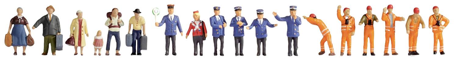 Varie statuette in miniatura rappresentano professioni, tra cui un'insegnante, un medico, poliziotti e operai edili, in fila.