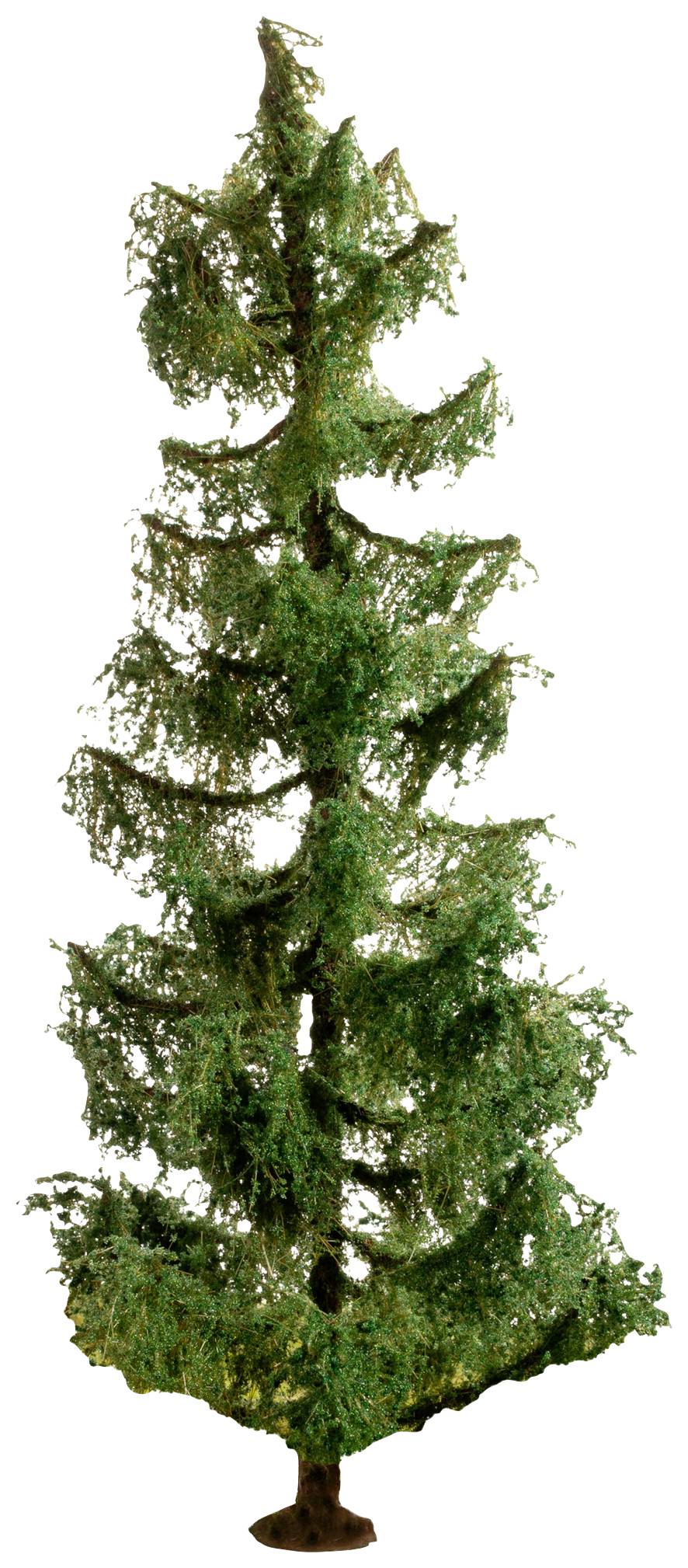 Un singolo albero di abete artificiale con aghi verdi e tronco marrone è posto davanti a uno sfondo bianco.