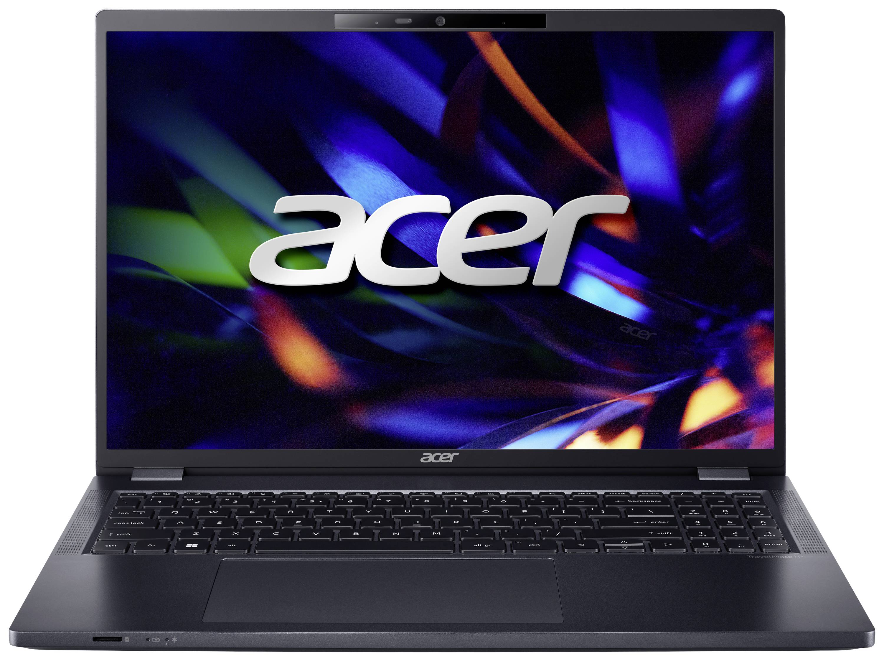Un laptop con schermo illuminato mostra il logo Acer su uno sfondo astratto e colorato.