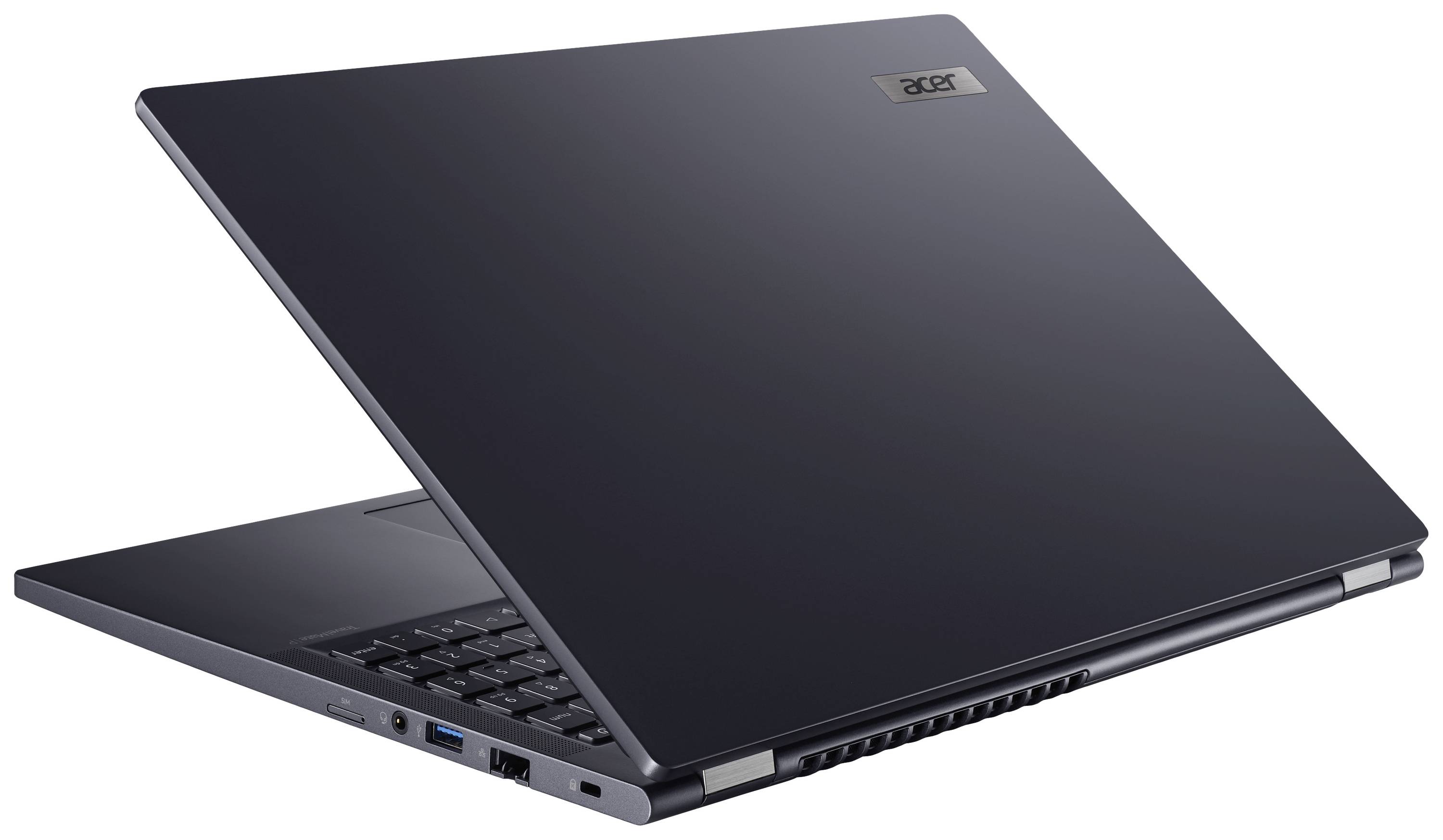 Un laptop nero Acer, parzialmente aperto, mostra il lato sinistro con le porte di connessione.