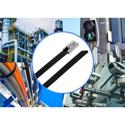 Un cerchio mostra un nastro d'acciaio, circondato da impianti industriali, un semaforo, telecamere di sorveglianza e tubi. Tema: Sicurezza e applicazioni industriali.