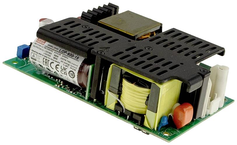 Un'unità di alimentazione elettronica con vari componenti elettronici e un dissipatore di calore su una scheda verde.