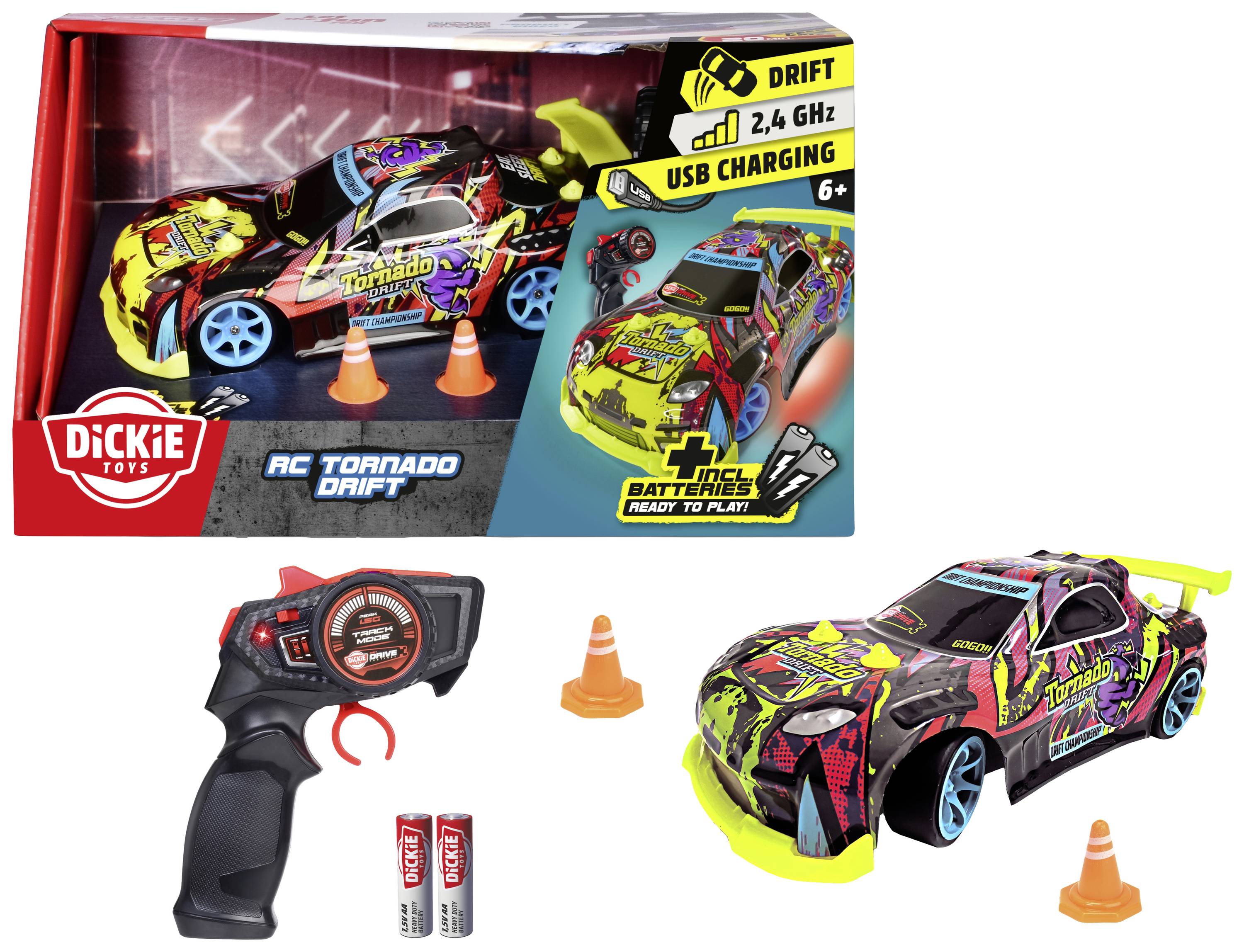 Auto RC 'Tornado Drift' con telecomando e cavo di ricarica USB. Design colorato, funzione drift, batterie incluse, adatto a bambini dai 6 anni in su.