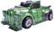 Un'auto giocattolo verde e viola con design aggressivo e ruote da corsa, che somiglia a un camion futuristico.