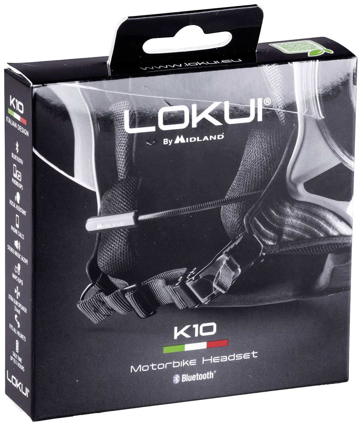 La confezione del 'LOKUI K10 Motorbike Headset' mostra il prodotto con dettagli come il logo Bluetooth e il nome del marchio 'Midland'.