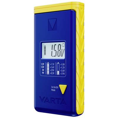 Tester per batterie blu e giallo con display digitale che mostra '1.58V'. Simboli per diversi tipi di batterie e intervalli di tensione.