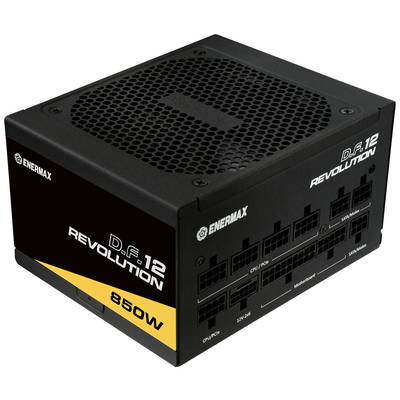 Alimentatore PC nero di Enermax con la scritta 'Revolution D.F. 12', potenza da 850W. Mostra diversi connettori sul lato.