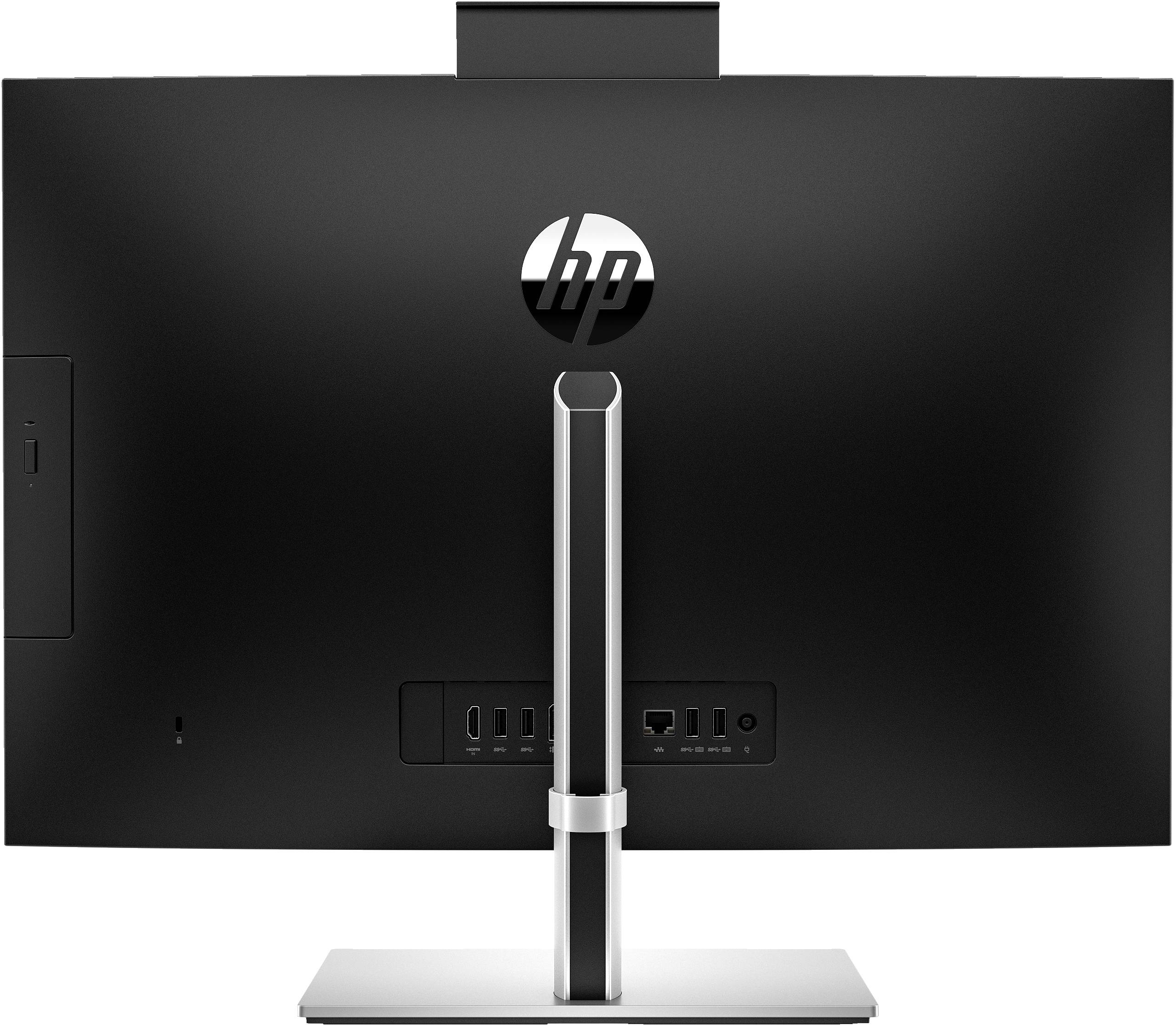 Il retro di un monitor nero per computer con un piedistallo argentato. In alto è visibile il logo 'HP'. Le porte di connessione sono posizionate in basso.