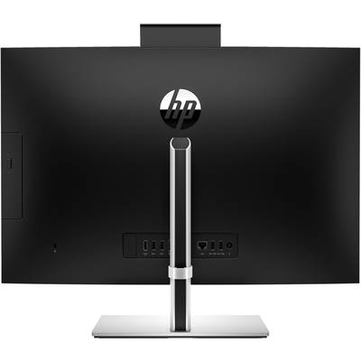 Il retro di un monitor nero per computer con un piedistallo argentato. In alto è visibile il logo 'HP'. Le porte di connessione sono posizionate in basso.