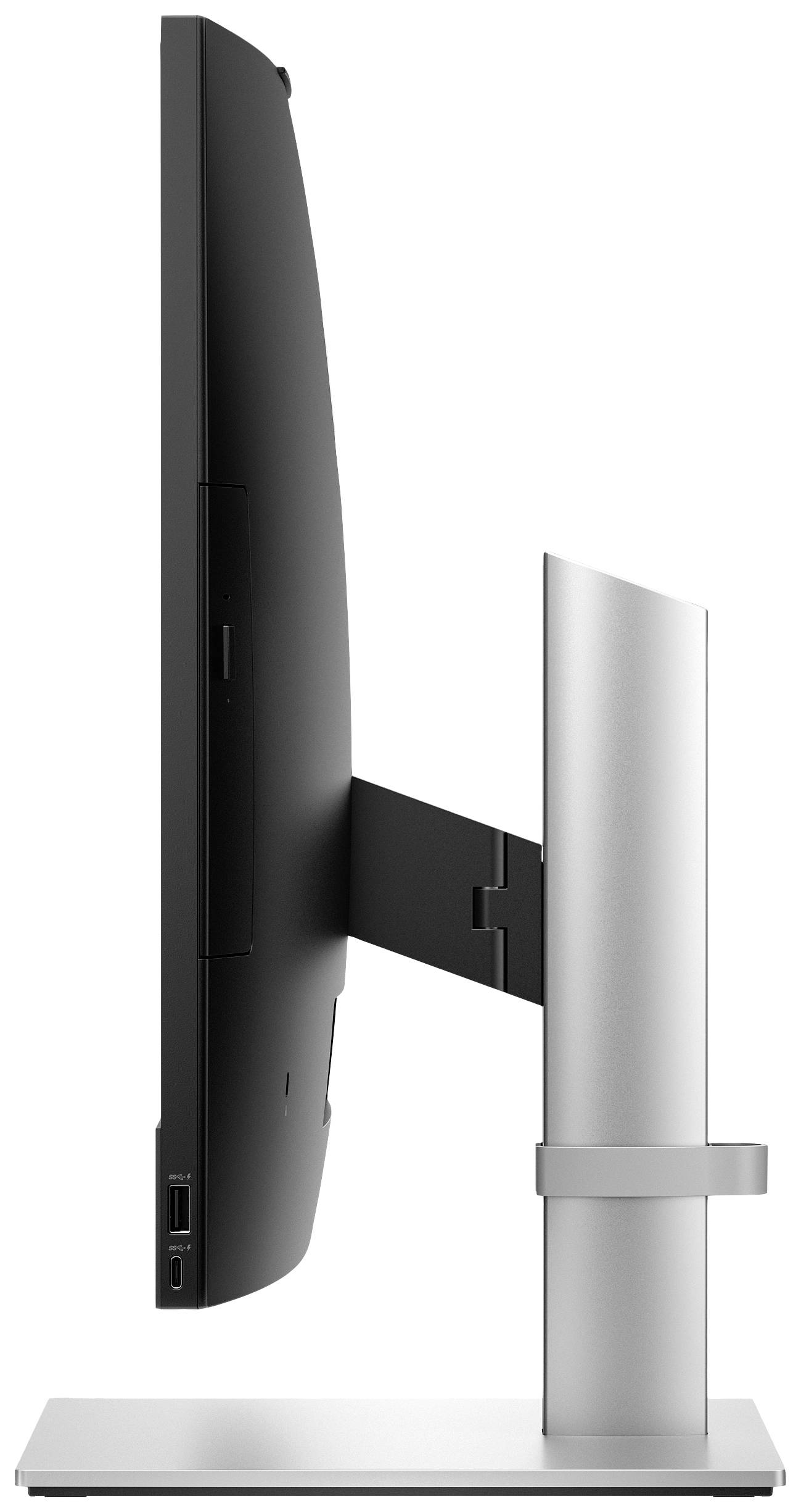 Un profilo laterale di un monitor a schermo piatto montato su un supporto sottile e argentato.